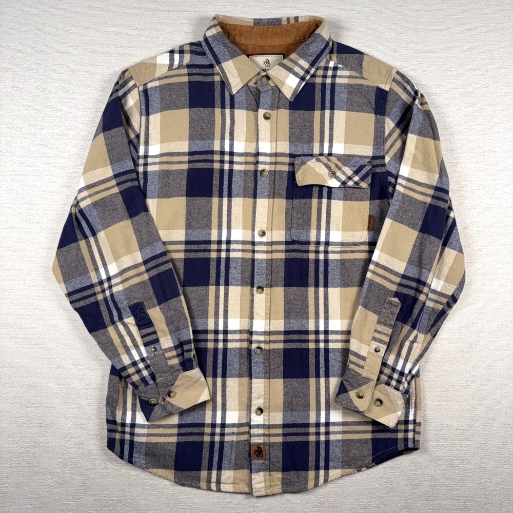Legendary Whitetails Buck Camp Flannel Shirt Mens Size M Blue Tan Cotton